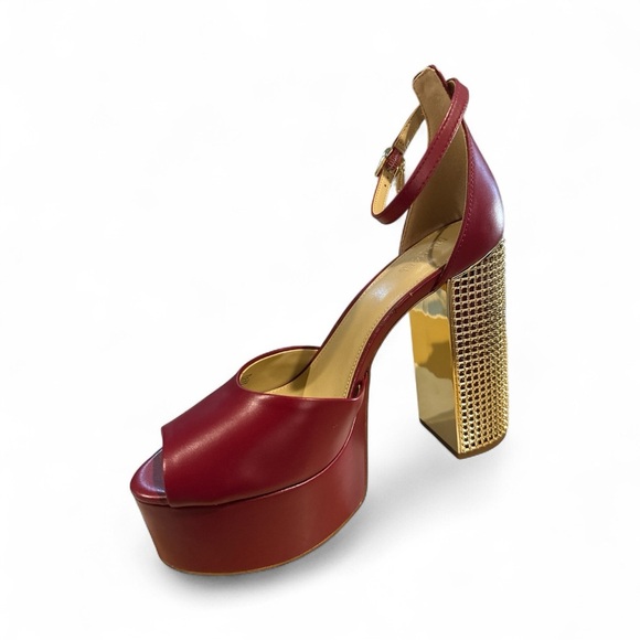 Michael Kors Maxine Platform Sandals Deep Red Leather Gold Block Heel Size 9M - Picture 4 of 12